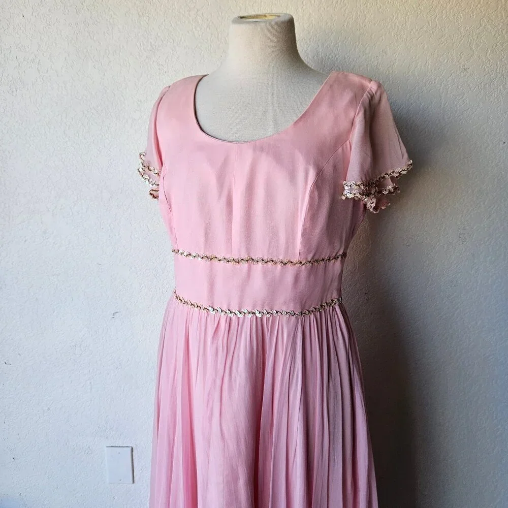 Vintage 60s 70s Light Pink Chiffon Princess Cocktail Evening Dress Gown L Large - Picture 2 of 14